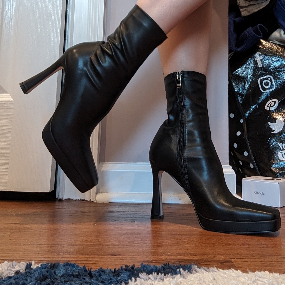 NWT Square Toed Black Faux Leather Sock Booties